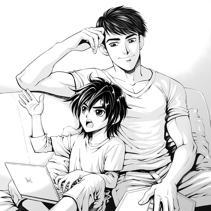 baitu big_hero_6 book brothers computer couch greyscale highres hiro_hamada laptop male_focus monochrome multiple_boys siblings sitting tadashi_hamada v-neck