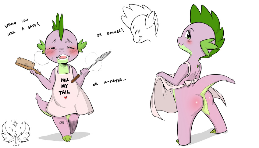 anthro apron apron_lift blush brush butt clothing_lift cold-blooded-twilight cute dialogue digital_media_(artwork) dragon english_text friendship_is_magic front_view inviting multiple_images my_little_pony raised_tail rear_view signature solo spatula spike_(mlp) text walking