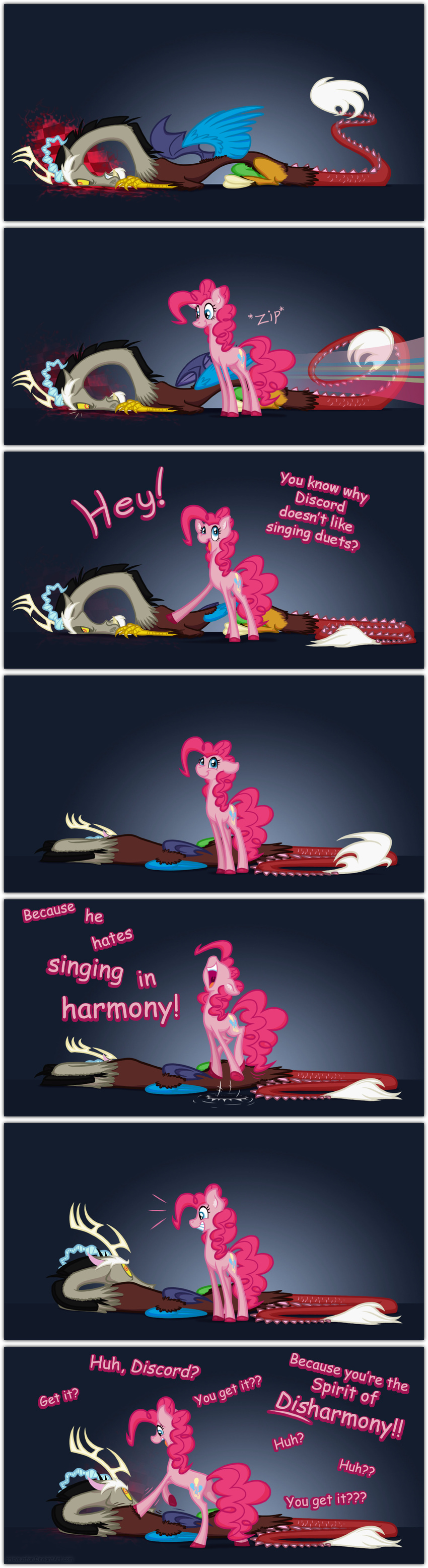 2015 antlers comic dialogue discord_(mlp) draconequus english_text equine female friendship_is_magic grievousfan hair horn horse humor male mammal my_little_pony pink_hair pinkie_pie_(mlp) pony pun text wings