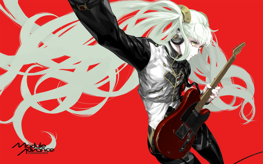 agitation_(module) artist_name bangs black_legwear cable closed_mouth cowboy_shot cropped_jacket electric_guitar eyelashes flat_chest floating_hair green_hair guitar hair_ornament hatsune_miku headphones heart highres holding holding_instrument instrument jacket long_hair long_sleeves looking_away music nagimiso outstretched_arm pantyhose playing_instrument project_diva_(series) red_background simple_background solo thigh_strap thighhighs thighhighs_over_pantyhose twintails unhappy_refrain_(vocaloid) very_long_hair vocaloid yellow_eyes zipper