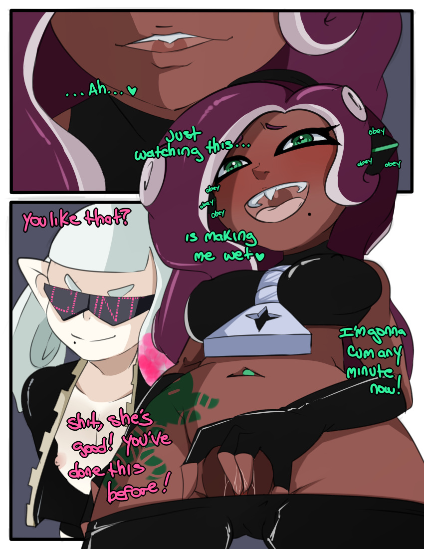 &lt;3 2019 5_fingers absurd_res animal_humanoid beauty_mark black_hair breasts cephalopod cephalopod_humanoid clothed clothing comic dark_skin dialogue duo english_text eyewear female fingering fingering_self green_eyes grin hair hi_res humanoid hypnosis inkling inuyuru long_hair marina_(splatoon) marine marine_humanoid masturbation midriff mind_control mollusk mollusk_humanoid navel nintendo nipple_bulge nipples octoling off_the_hook_(splatoon) open_mouth open_shirt pearl_(splatoon) pink_hair pussy pussy_juice short_hair smile splatoon sunglasses tattoo tentacle_hair tentacles text undressing vaginal vaginal_masturbation video_games