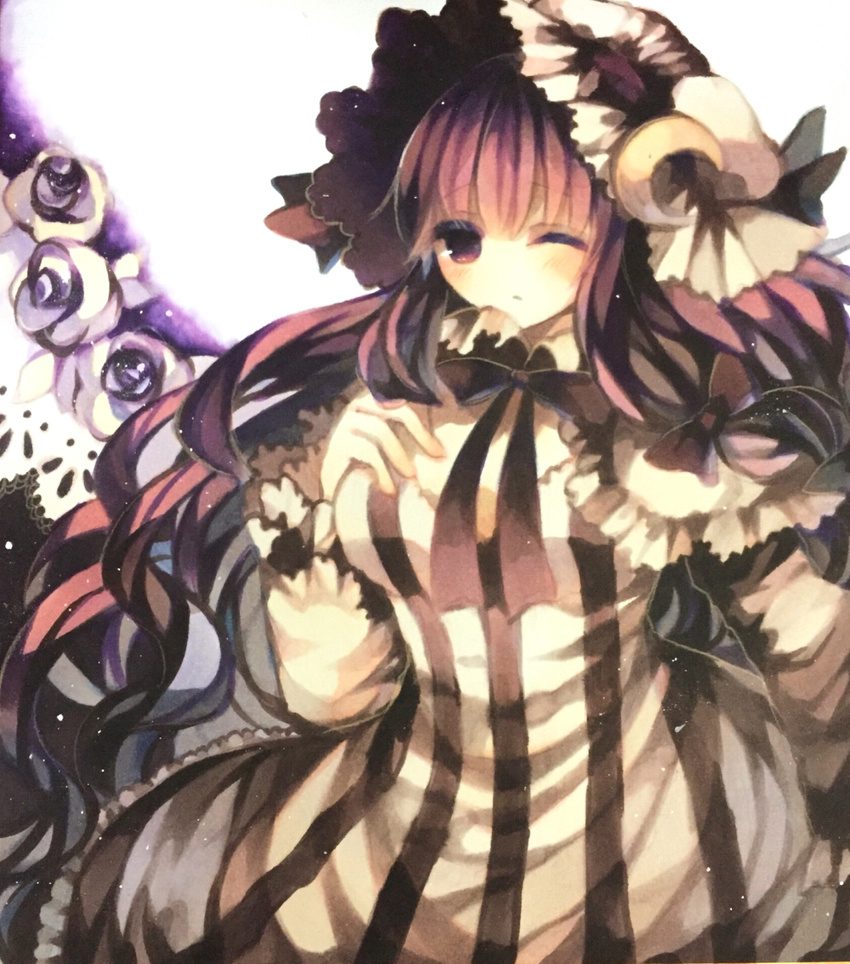 bad_id bad_pixiv_id bow capelet crescent crescent_hair_ornament hair_bow hair_ornament highres jpeg_artifacts long_hair one_eye_closed patchouli_knowledge purple_eyes purple_hair solo touhou wiriam07