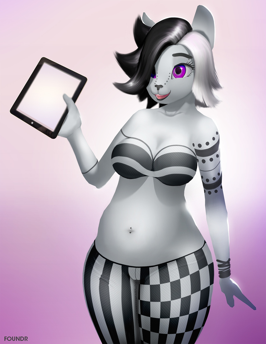 2015 anthro big_breasts breasts cat chubby clothed clothing feline female foundr fur hair ipad mammal open_mouth piercing purple__eyes smile solo