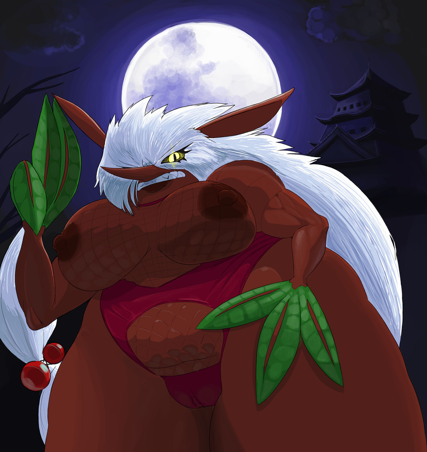 big_breasts big_thighs breasts chubby clothed clothing female fishnet hair lingerie looking_at_viewer moon night nintendo outside pdxyz pok&eacute;mon shiftry skimpy solo video_games white_hair