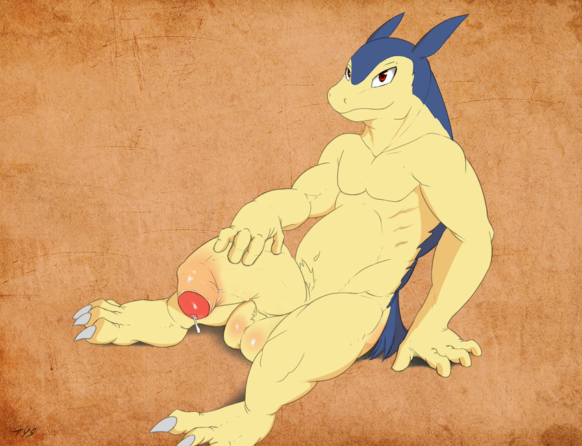anthro anthrofied balls digital_media_(artwork) dripping half-erect holding_penis huge_penis looking_at_viewer male muscles navel nintendo nude partially_retracted_foreskin pecs penis pok&eacute;mon precum reclining seyrmo signature sitting solo toned typhlosion uncut video_games