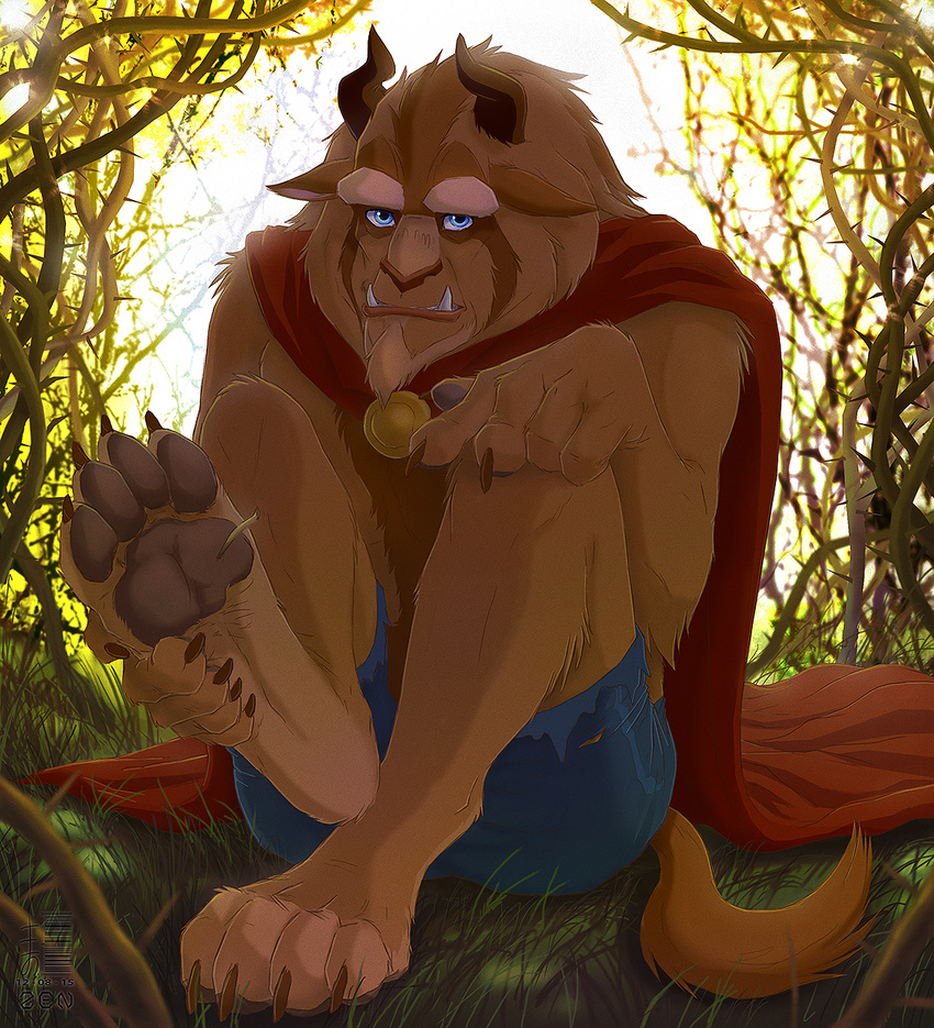 2015 anthro barefoot beard beast_(disney) blue_eyes brown_fur cape claws clothing disney facial_hair foot_focus fur grass horn looking_at_viewer male monster muscles outside pants pawpads paws signature sitting solo teeth toe_claws torn_clothing zen