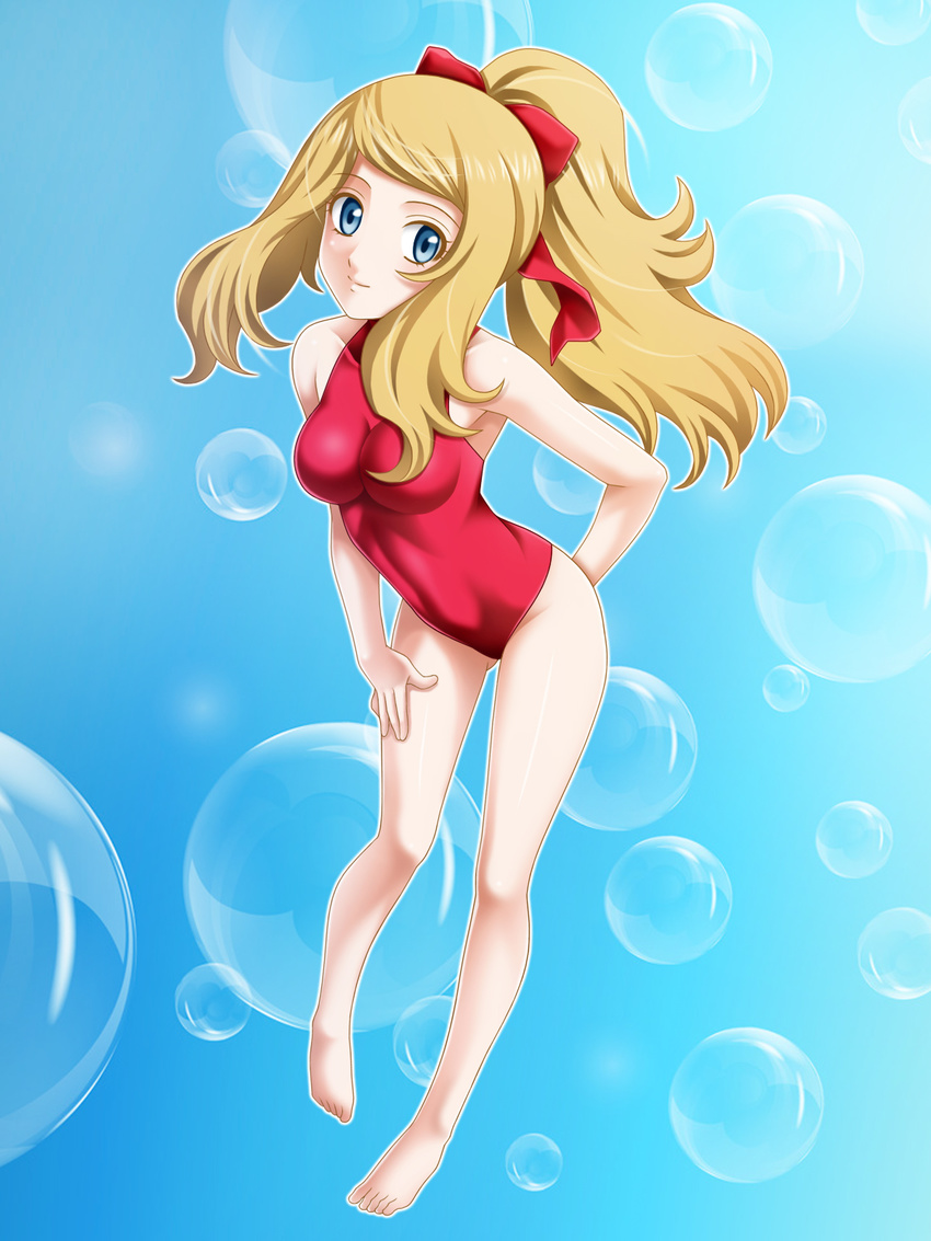 barefoot blonde_hair blue_eyes highres long_hair one-piece_swimsuit pokemon pokemon_(game) pokemon_xy ponytail serena_(pokemon) solo swimsuit tamamon