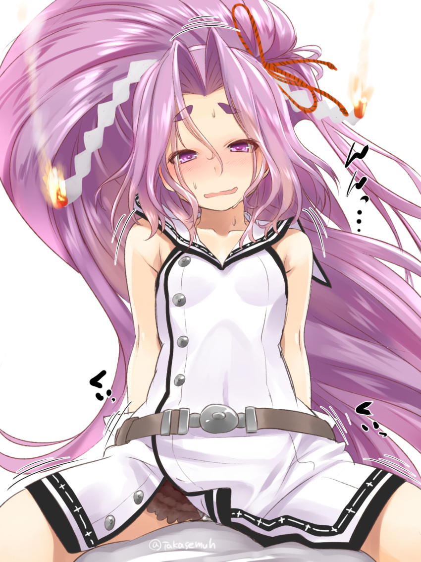 belt commentary_request cowboy_shot dress fire hatsuharu_(kantai_collection) highres hikimayu kantai_collection long_hair looking_at_viewer ponytail purple_eyes purple_hair remodel_(kantai_collection) sailor_dress simple_background sleeveless solo straddling takase_muu underskirt wavy_mouth white_background