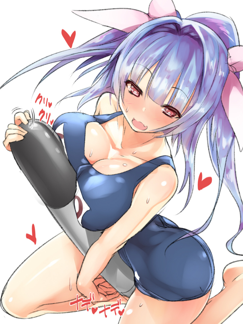 ass blue_hair blue_swimsuit commentary_request feet_out_of_frame hair_ribbon highres i-19_(kantai_collection) kantai_collection long_hair name_tag one-piece_swimsuit open_mouth red_eyes ribbon school_swimsuit sexually_suggestive simple_background solo star star-shaped_pupils swimsuit symbol-shaped_pupils takase_muu torpedo tri_tails twintails white_background