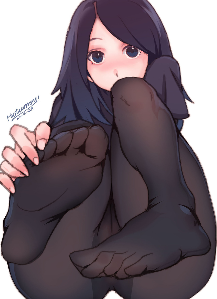 bangs black_hair black_legwear blue_eyes blush feet hand_on_foot highres hotumoyi long_hair looking_at_viewer pantyhose pov_feet soles solo swept_bangs toes