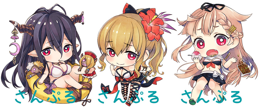 antenna_hair bare_shoulders black_hair blonde_hair bow breasts cleavage danua draph granblue_fantasy gretel_(granblue_fantasy) hair_between_eyes hair_bow hair_flaps hair_ornament hair_ribbon hairclip hansel_(granblue_fantasy) horn_ornament horns jewelry kantai_collection large_breasts long_hair medium_breasts multiple_girls namanie pointy_ears ponytail red_eyes remodel_(kantai_collection) ribbon smile thighhighs vira_lilie yuudachi_(kantai_collection)