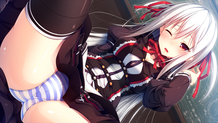 1girl artist_request astronauts blush character_request chloe_oudiaar game_cg gradient gradient_background kokusan_moyashi one_eye_closed panties red_eyes rozea_(graphmelt) silver_hair skirt solo source_request spread_legs striped_panties thighhighs tou_no_shita_no_exercitus underwear