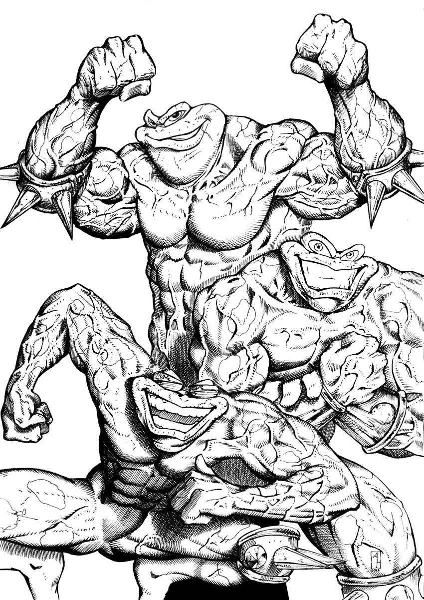 abs amphibian andreygorkovenko anthro battletoads biceps bottomless brown_eyes brown_skin clothed clothing crouching eyewear flexing glasses green_eyes green_skin grin group half-dressed looking_at_viewer male muscles nude pads pecs pimple_(battletoads) rash_(battletoads) smile standing sunglasses teeth toad toned topless vein video_games wristband zitz_(battletoads)