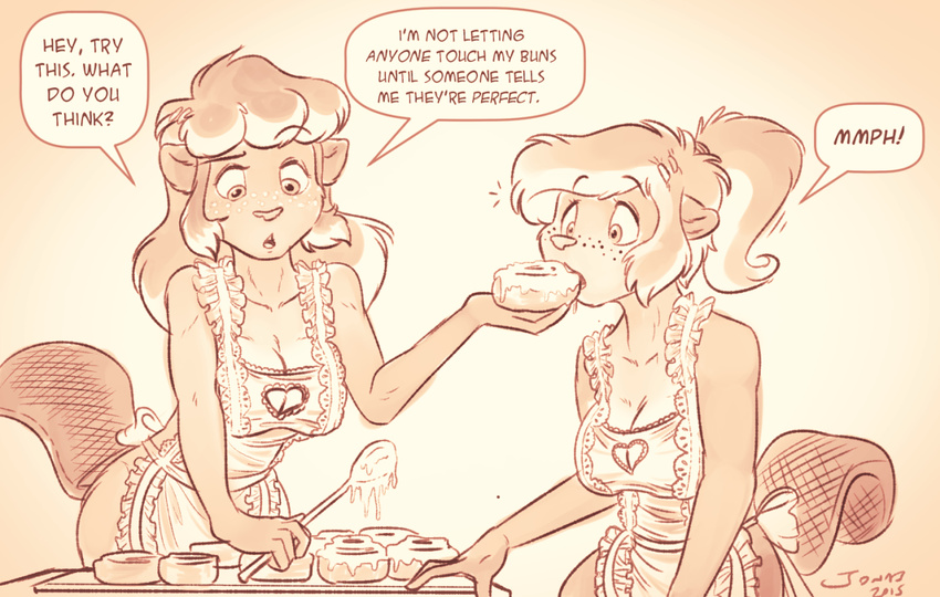&lt;3 apron baking beaver breasts bunn_(t-kay) cinn_(t-kay) cleavage clothed clothing dialogue duo eating english_text female freckles frosting hair innuendo jonasafterdark_(artist) long_hair mammal monochrome naked_apron ponytail rodent sibling sisters spoon text twins