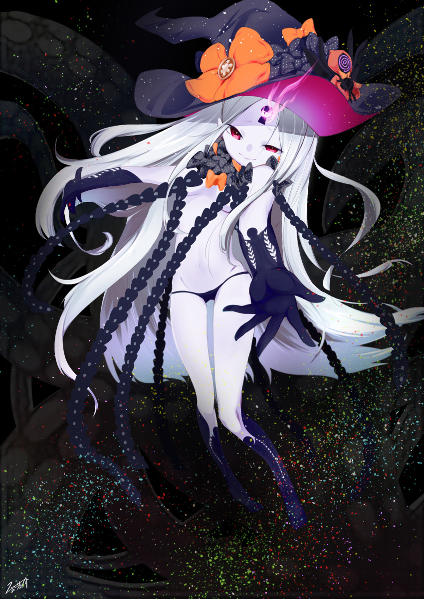 1girl abigail_williams_(fate/grand_order) absurdres bangs bare_shoulders black_bow black_gloves black_hat black_panties bow breasts closed_mouth commentary_request dandhun_puku elbow_gloves fate/grand_order fate_(series) gloves glowing groin half-closed_eye hat hat_bow highres kneehighs leaning_to_the_side long_hair looking_at_viewer navel orange_bow outstretched_arm pale_skin panties parted_bangs purple_legwear red_eyes revealing_clothes signature small_breasts solo tentacle topless underwear uneven_eyes very_long_hair white_hair witch_hat
