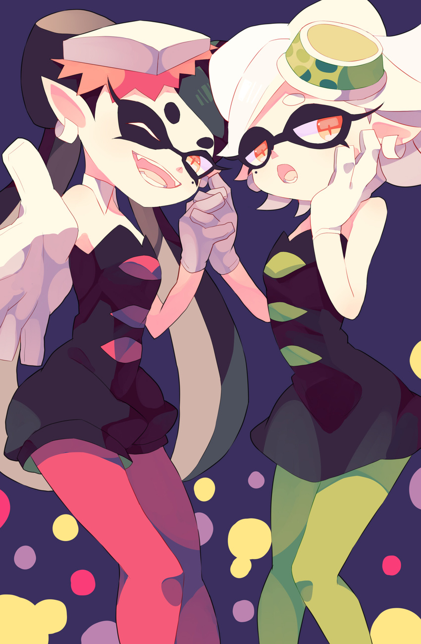 2girls :o ;d absurdres aori_(splatoon) black_hair detached_collar detached_sleeves domino_mask dress fangs food food_on_head gloves green_legwear hair_rings highres hotaru_(splatoon) long_hair mask multiple_girls nagatsukiariake object_on_head one_eye_closed open_mouth orange_eyes pantyhose ponytail red_legwear short_hair short_jumpsuit smile splatoon_(series) splatoon_1 strapless strapless_dress sushi unitard white_gloves white_hair