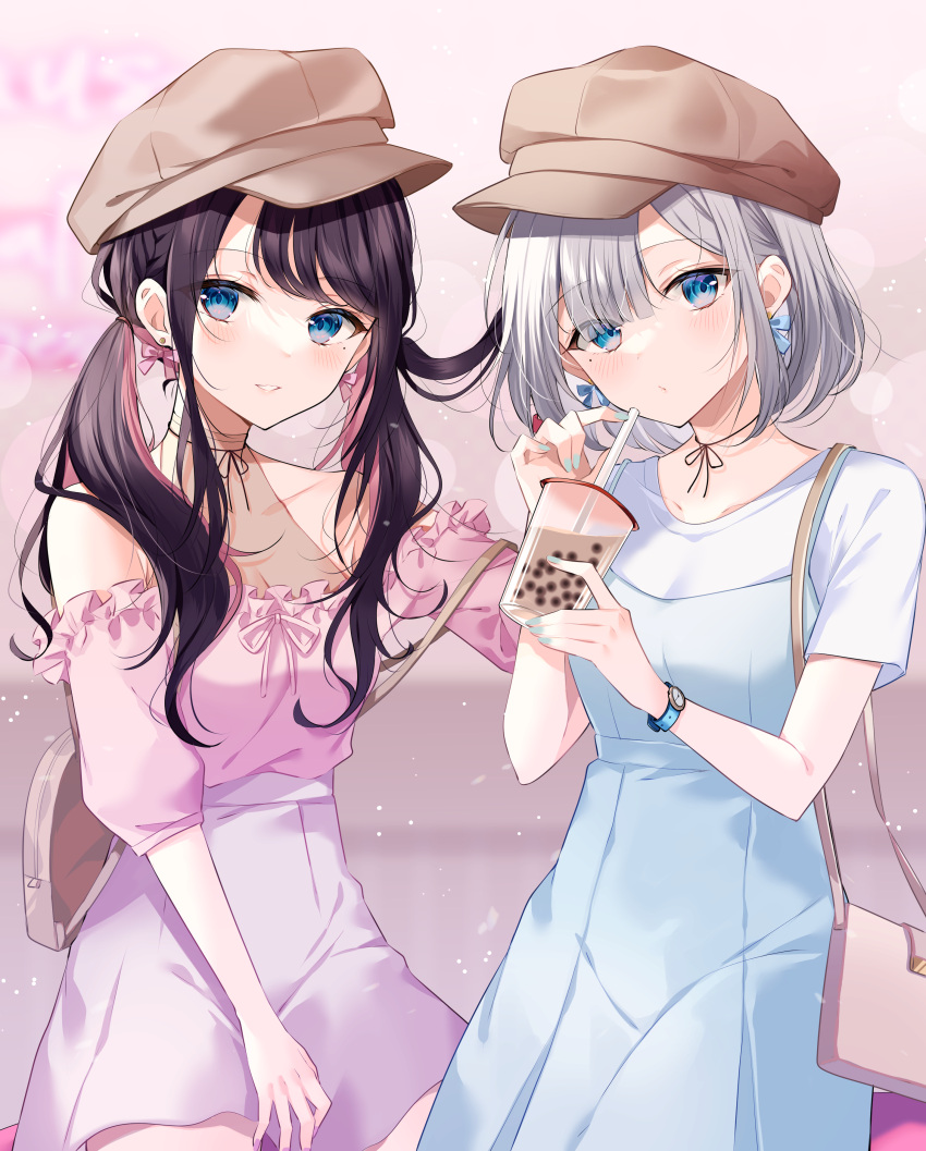 2girls absurdres backpack bag bangs black_hair blue_dress blue_eyes blush bow bow_earrings breasts brown_headwear bubble_tea cabbie_hat cleavage closed_mouth collarbone commentary_request cup disposable_cup dress drinking_straw earrings eyebrows_visible_through_hair eyes_visible_through_hair grey_hair hair_over_one_eye hat highres holding holding_cup jewelry kaga_nazuna kaga_sumire looking_at_viewer medium_breasts multicolored_hair multiple_girls myusha off-shoulder_shirt off_shoulder parted_lips pink_bow pink_hair pink_shirt puffy_short_sleeves puffy_sleeves shirt short_sleeves shoulder_bag skirt sleeveless sleeveless_dress smile twintails two-tone_hair virtual_youtuber vspo! white_shirt white_skirt