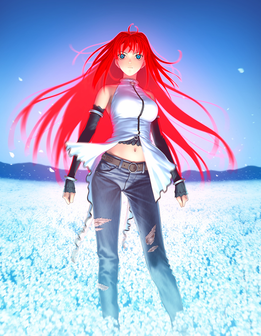 aozaki_aoko belt blue_eyes blurry breasts denim depth_of_field elbow_gloves gloves glowing glowing_hair highres jeans large_breasts long_hair mahou_tsukai_no_yoru midriff navel pants red_hair solo torn_clothes torn_jeans torn_pants very_long_hair