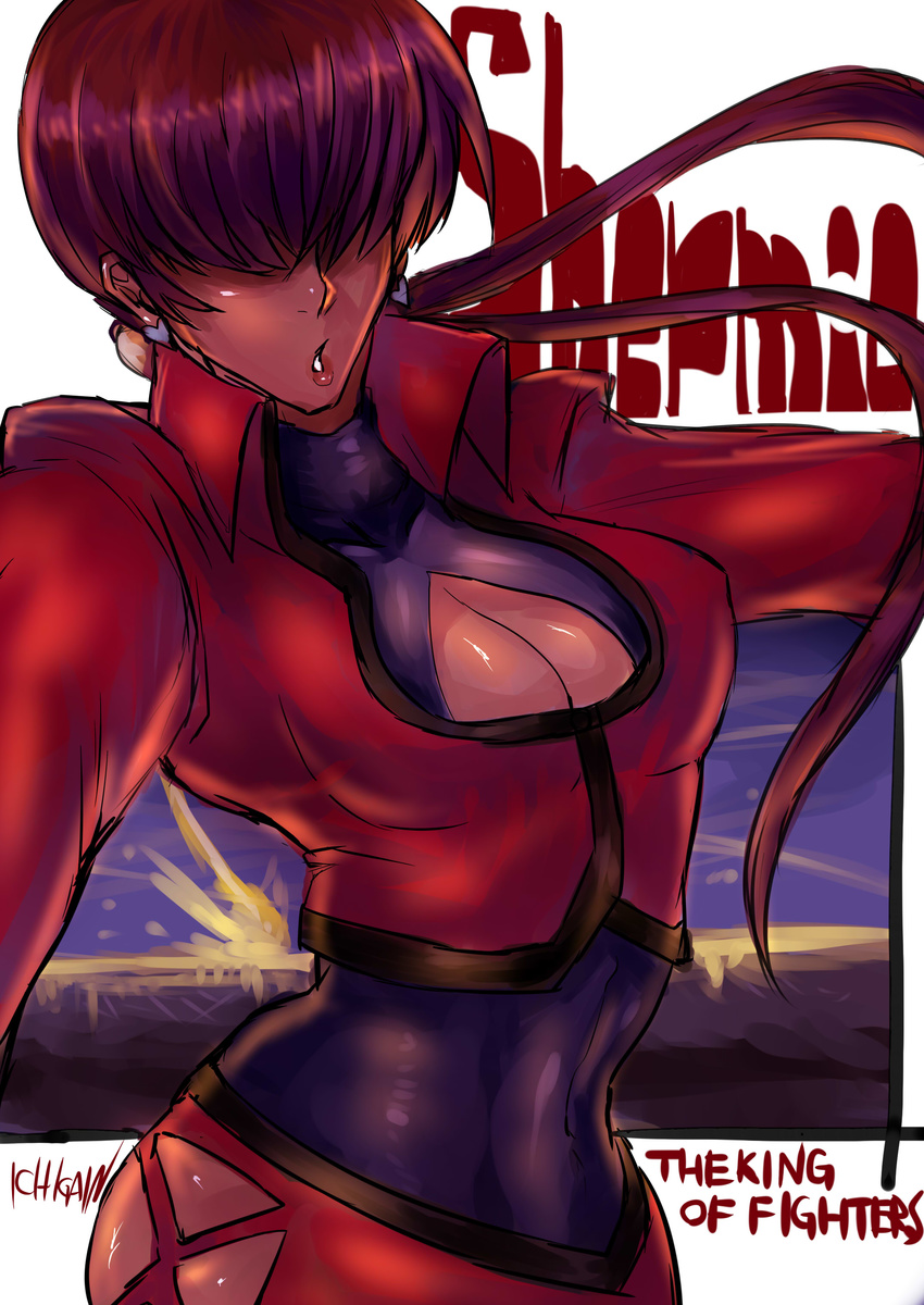 absurdres breasts cleavage cleavage_cutout cropped_jacket dark_persona dark_skin earrings hair_over_eyes heart heart_earrings highres ichigai_(hayawossan) jewelry large_breasts leotard long_hair orochi_shermie purple_hair shermie skirt solo split_ponytail the_king_of_fighters