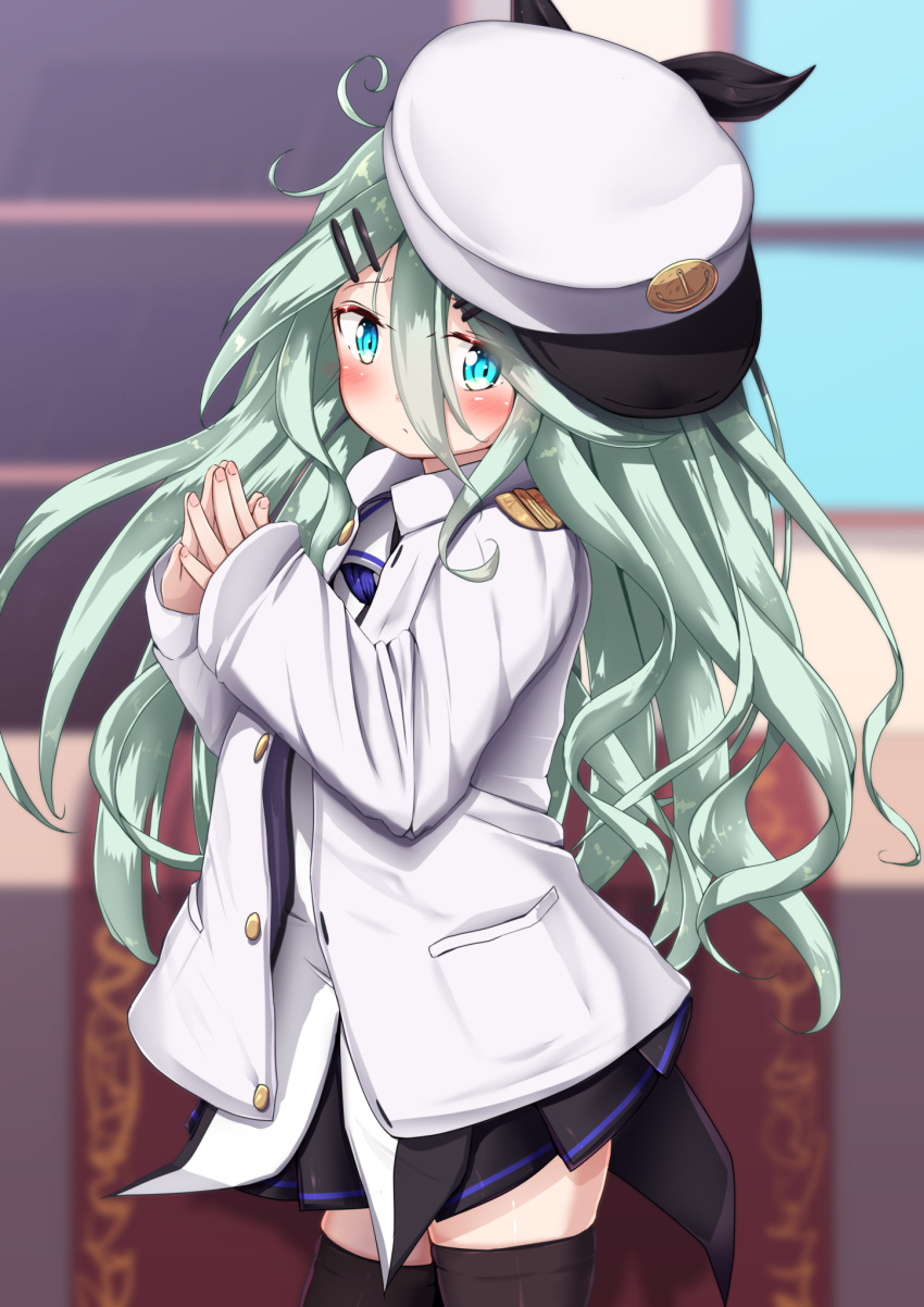 1girl bangs black_legwear black_ribbon black_skirt blue_eyes blue_sky blurry blurry_background blush closed_mouth commentary_request day detached_sleeves eyebrows_visible_through_hair green_hair hair_between_eyes hair_ornament hair_ribbon hairclip hands_up hat head_tilt highres jacket kantai_collection long_sleeves looking_at_viewer military_hat military_jacket mochiyuki open_clothes open_jacket own_hands_together peaked_cap pleated_skirt ribbon shirt sideways_hat skirt sky sleeves_past_wrists solo standing thighhighs tilted_headwear white_hat white_jacket white_shirt window yamakaze_(kantai_collection)