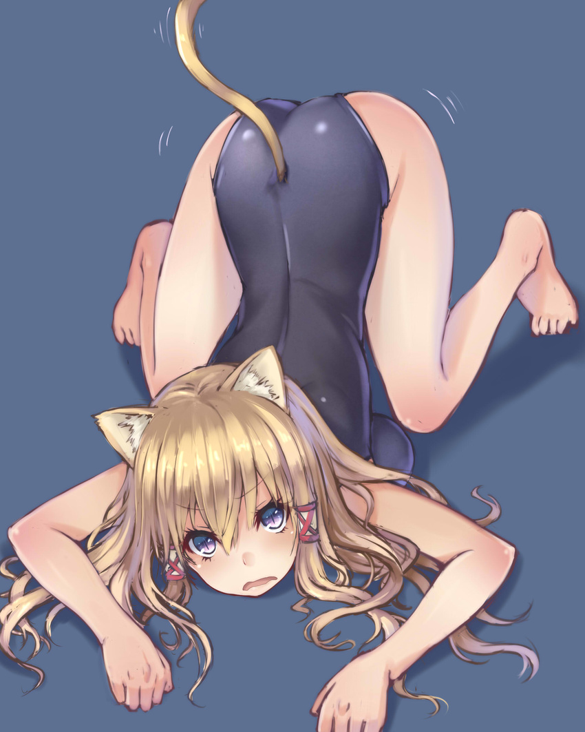 absurdres animal_ears ass ass_shake barefoot blonde_hair blue_background blush cat_ears cat_tail hair_ribbon hair_tubes highres long_hair looking_at_viewer moriya_suwako one-piece_swimsuit open_mouth oukawa_yuu purple_eyes ribbon school_swimsuit slit_pupils solo swimsuit tail top-down_bottom-up touhou