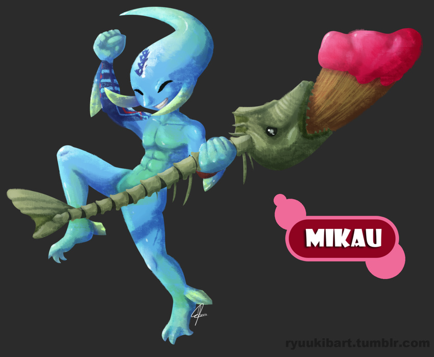 bone crossover english_text eyes_closed fish happy majora's_mask male marine mikau muscles nintendo paintbrush ryuukiba smile solo splatoon text video_games zora