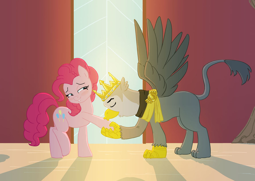 2015 avian biting_lip blue_eyes blush crown cutie_mark duo equine female friendship_is_magic gold_(metal) gryphon hair horse king king_grover_(mlp) kissing male mammal my_little_pony pink_hair pinkie_pie_(mlp) pony royalty siansaar