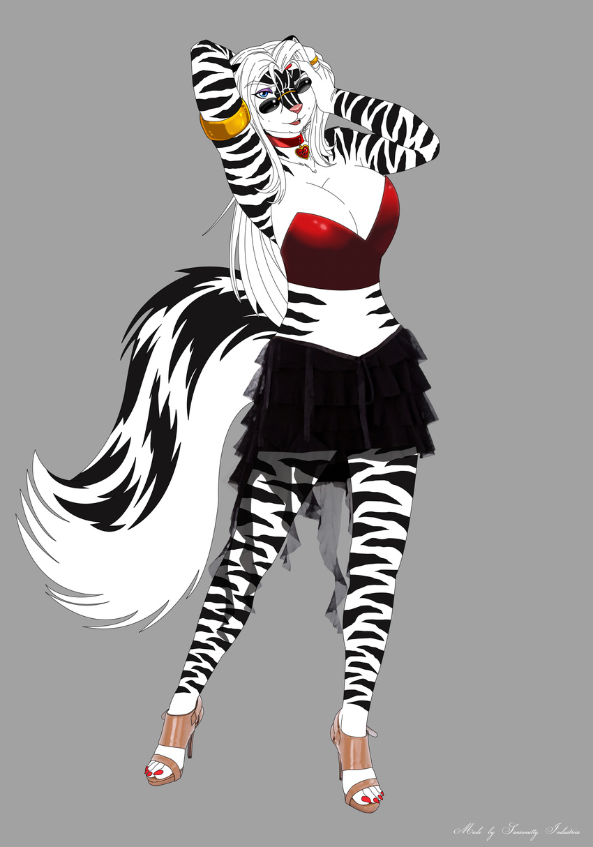 anthro beautiful beauty breasts clothing eyewear feline female glasses hybrid long_hairs looking_at_viewer mammal ring skirt skunk solo stripes sunglasses tiger zig_zag