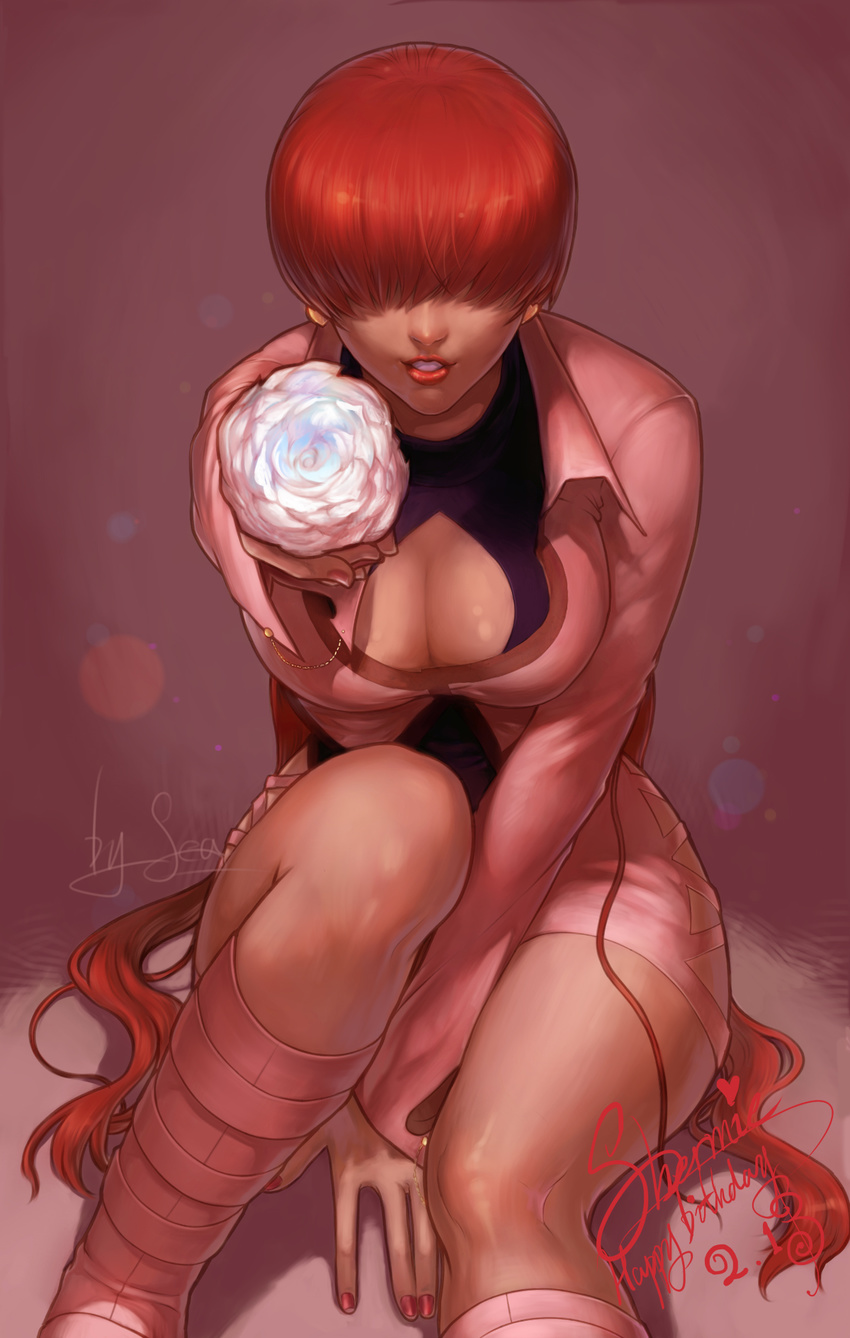 artist_name boots breasts character_name cleavage cleavage_cutout cropped_jacket earrings flower hair_over_eyes happy_birthday highres jewelry large_breasts leotard lips long_hair nail_polish nose outstretched_arm red_hair rose shermie sitting solo spade-m the_king_of_fighters