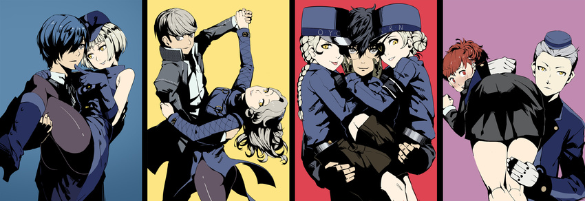 5girls amamiya_ren ass black_hair blonde_hair blue_eyes blush braid caroline_(persona_5) carrying carrying_over_shoulder dancing elizabeth_(persona) eyepatch female_protagonist_(persona_3) glasses gloves hat highres justine_(persona_5) long_hair looking_at_viewer margaret_(persona) multiple_boys multiple_girls nanaya_(daaijianglin) narukami_yuu persona persona_3 persona_3_portable persona_4 persona_5 princess_carry short_hair simple_background smile teodor white_hair yellow_eyes yuuki_makoto