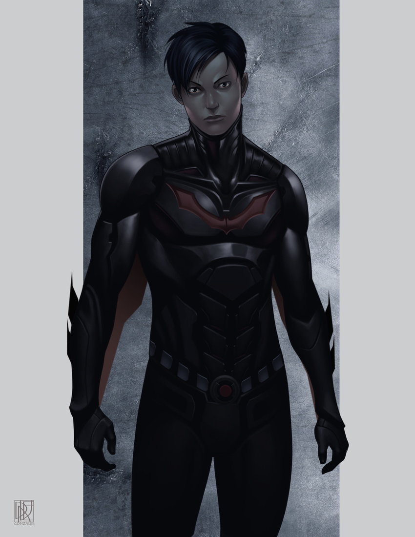 1boy armor bat_symbol batman batman_(series) batman_beyond belt black_hair cape dc_comics dcau gauntlets headwear_removed male_focus power_armor simple_background solo standing terry_mcginnis