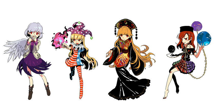 american_flag_dress american_flag_legwear bare_shoulders barefoot black_dress black_shirt blonde_hair boots chain chinese_clothes clothes_writing clownpiece collar covering_mouth crescent dress ears earth_(ornament) gold_chain grey_jacket hat heart hecatia_lapislazuli highres jacket jester_cap junko_(touhou) kishin_sagume laughing legacy_of_lunatic_kingdom legs lineup long_hair long_sleeves looking_at_viewer looking_to_the_side moon_(ornament) multicolored multicolored_clothes multicolored_skirt multiple_girls nail_polish no_legwear off_shoulder open_mouth pantyhose polos_crown purple_dress red_eyes red_hair red_nails ribbon running seeker shirt short_dress silver_hair simple_background single_wing skirt torch touhou traditional_clothes very_long_hair white_background wide_sleeves wings
