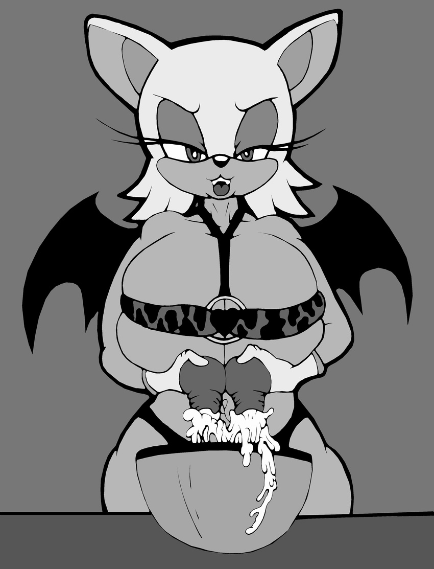 anthro big_breasts black_and_white breast_milking breasts clothing damian_hodge duo female huge_breasts hyper hyper_breasts lactating milk monochrome nipples rouge_the_bat simple_background sonic_(series) tongue tongue_out underwear