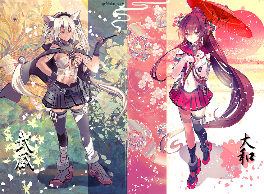 bad_id bad_pixiv_id black_legwear blush boots breasts brown_eyes brown_hair budget_sarashi cherry_blossoms cis_(carcharias) dark_skin detached_sleeves fingerless_gloves flower glasses gloves hair_flower hair_ornament headgear kantai_collection kiseru large_breasts long_hair looking_at_viewer miniskirt multiple_girls musashi_(kantai_collection) oriental_umbrella petals pipe pointy_hair ponytail red_eyes red_umbrella sarashi single_thighhigh skirt smile thighhighs twitter_username two_side_up umbrella very_long_hair yamato_(kantai_collection)