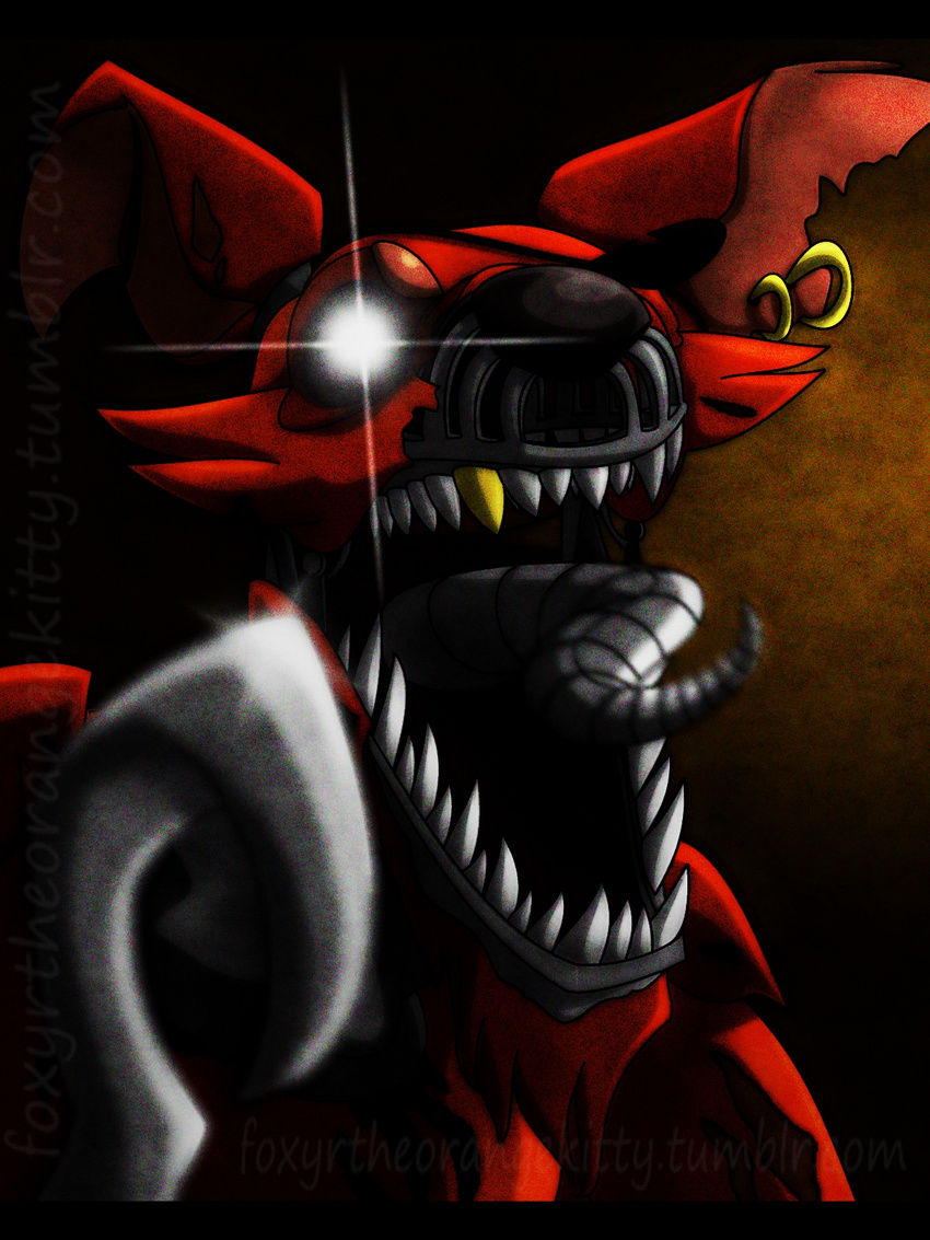 animatronic canine five_nights_at_freddy's five_nights_at_freddy's_4 fox foxyrtheorangekitty_(artist) glowing glowing_eyes hook machine male mammal nightmare_foxy_(fnaf) robot tongue video_games