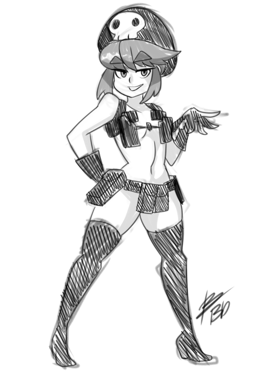 1girl alternate_costume armpit_holster beanie belt bigdead93 eyebrows gloves greyscale hat highres holster jakuzure_nonon kill_la_kill midriff monochrome navel nudist_beach_uniform short_hair sidelocks sketch slender_waist small_breasts solo thick_eyebrows thighhighs utility_belt