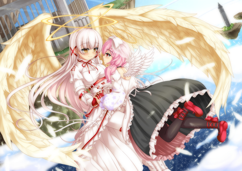 angel_wings black_legwear bow double_halo dress eye_contact feathers fence floating floating_island frilled_dress frills gloves hair_bow hair_ribbon halo highres holding_hands interlocked_fingers large_wings long_hair looking_at_another mary_janes merc_storia michellia minaha_(playjoe2005) mini_wings multiple_girls neck_ribbon pantyhose pink_hair pistia red_eyes red_gloves ribbon shoes short_hair smile star tower twintails very_long_hair white_hair white_legwear wings yellow_eyes yuri