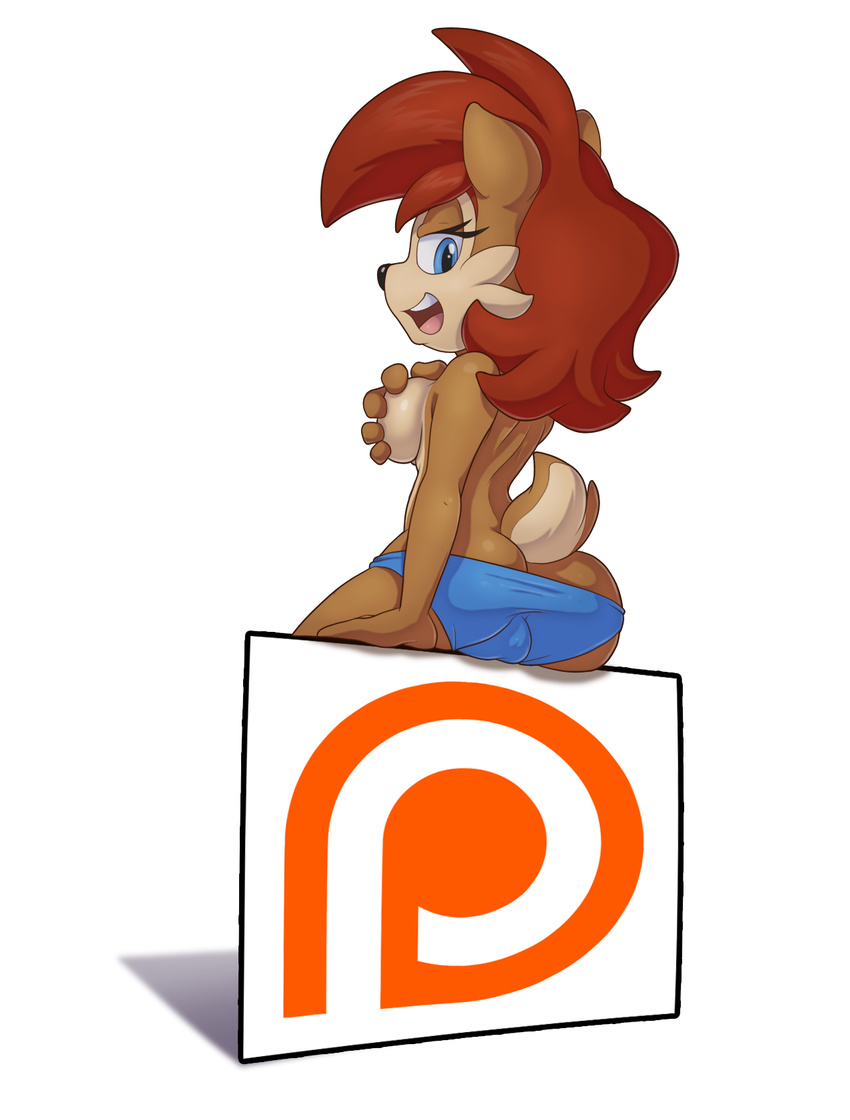 anthro big_breasts blue_eyes breast_grab breasts brown_hair butt camel_toe chipmunk clothed clothing female hair half-dressed looking_back mammal patreon plump_labia pussy rodent sally_acorn simple_background sitting smile solo sonic_(series) the_other_half underwear