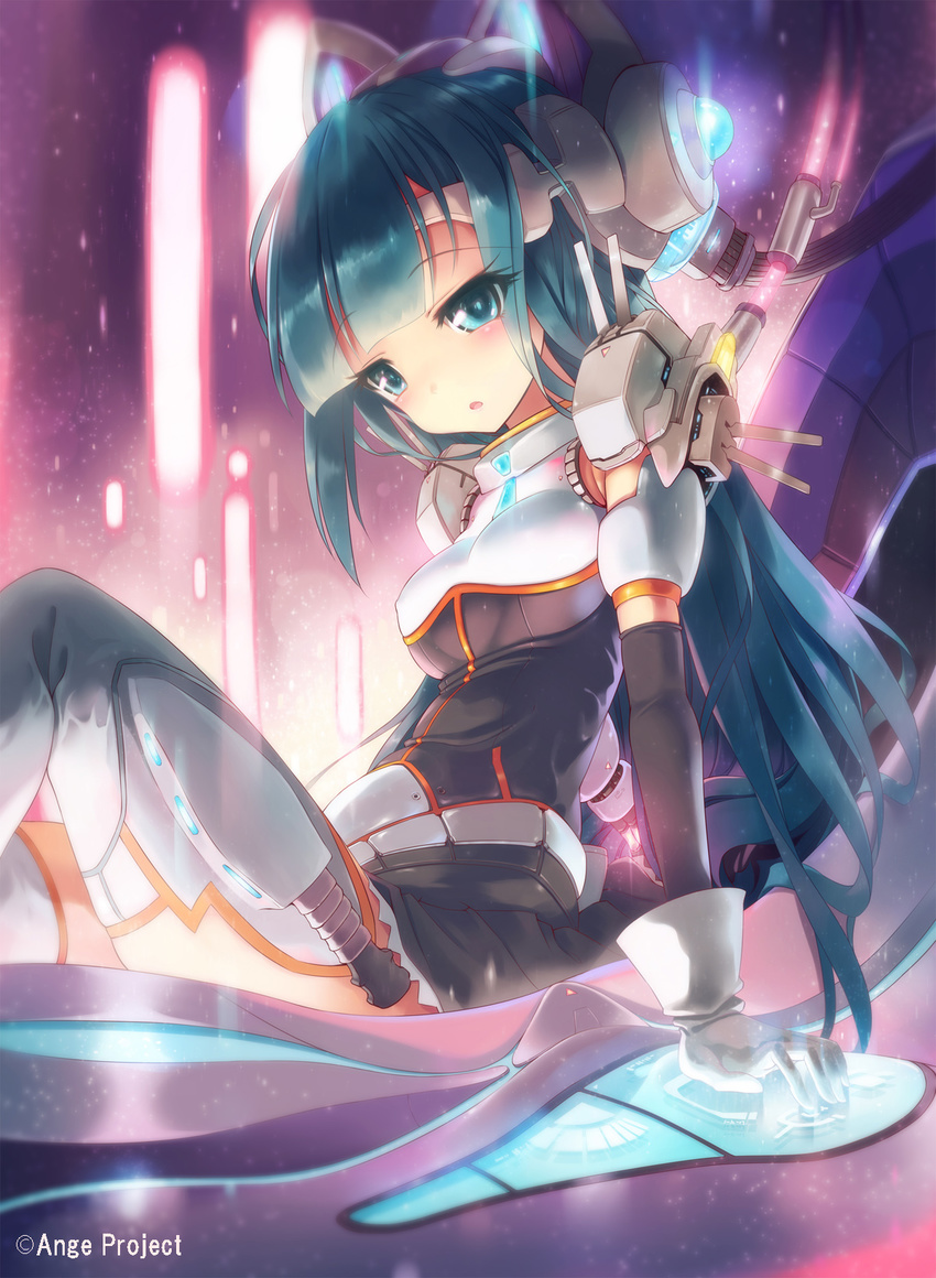 android ange_vierge cable control_panel_overlay detached_sleeves dress gloves green_eyes green_hair headgear highres kankurou knife light long_hair original science_fiction sheath sheathed sitting solo thighhighs