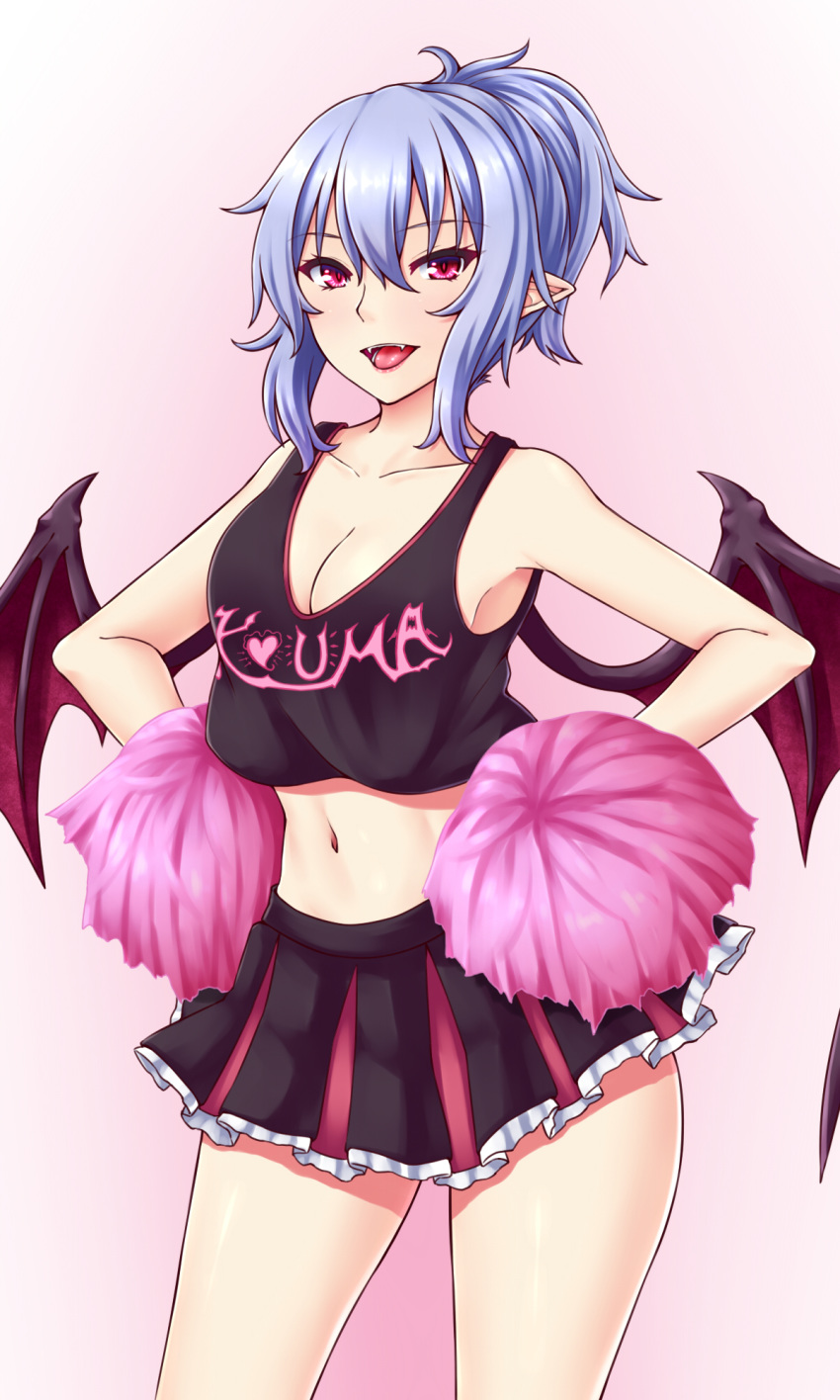 1girl alternate_costume bare_arms bare_shoulders bat_wings black_skirt black_wings blue_hair breasts cheerleader cleavage clothes_writing collarbone commentary_request cowboy_shot crop_top fangs gradient gradient_background hair_between_eyes highres lips long_hair looking_at_viewer medium_breasts midriff miniskirt navel open_mouth pink_background pink_eyes pleated_skirt pointy_ears pom_poms remilia_scarlet skirt smile solo tank_top touhou wings zeramu