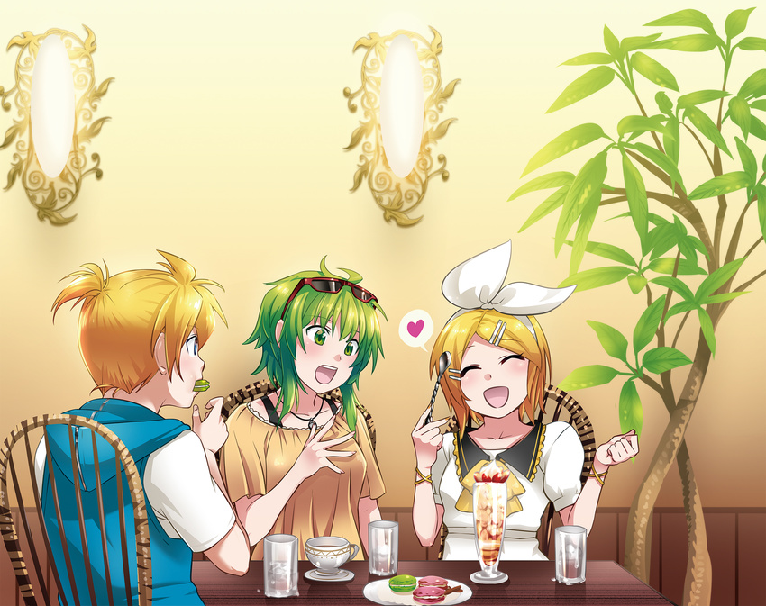 2girls blonde_hair blue_eyes brother_and_sister caffein chair closed_eyes drink eating eyewear_on_head food green_eyes green_hair gumi hair_ornament hair_ribbon hairclip heart highres ice_cream jewelry kagamine_len kagamine_rin macaron multiple_girls necklace parfait restaurant ribbon short_hair siblings sitting smile snack spoken_heart spoon sundae sunglasses table twins vocaloid