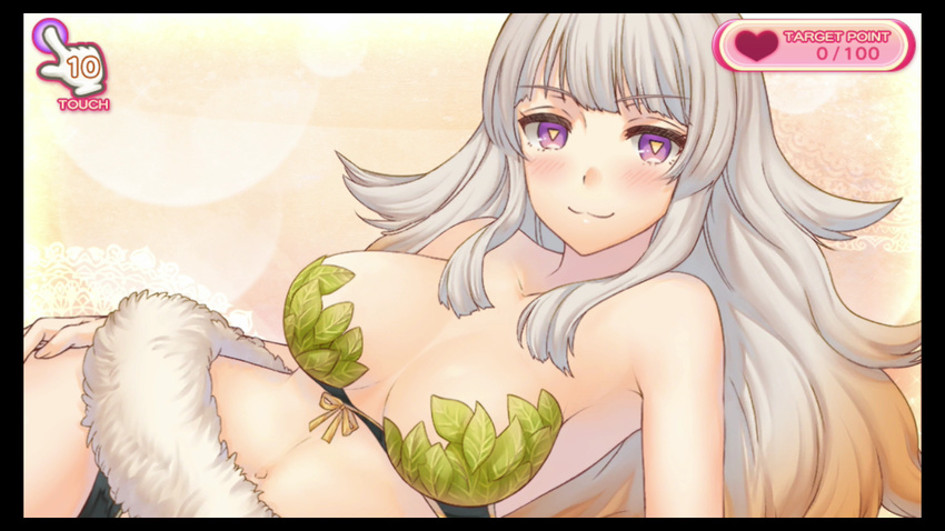 bikini blush border breasts female gradient gradient_background large_breasts laying long_hair looking_at_view looking_at_viewer luminous_arc luminous_arc:infinity lying multicolored_hair purple_eyes smile solo swimsuit violet_(luminous_arc) violet_eyes wallpaper
