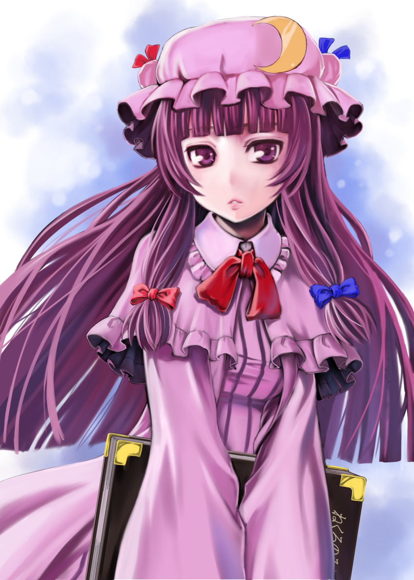 bangs blue_ribbon blunt_bangs book capelet crescent crescent_hair_ornament double_bun frilled_sleeves frills grimoire hair_ornament hat hat_ribbon highres holding holding_book long_hair looking_at_viewer mob_cap o223 parted_lips patchouli_knowledge purple_eyes purple_hair red_ribbon ribbon solo touhou very_long_hair