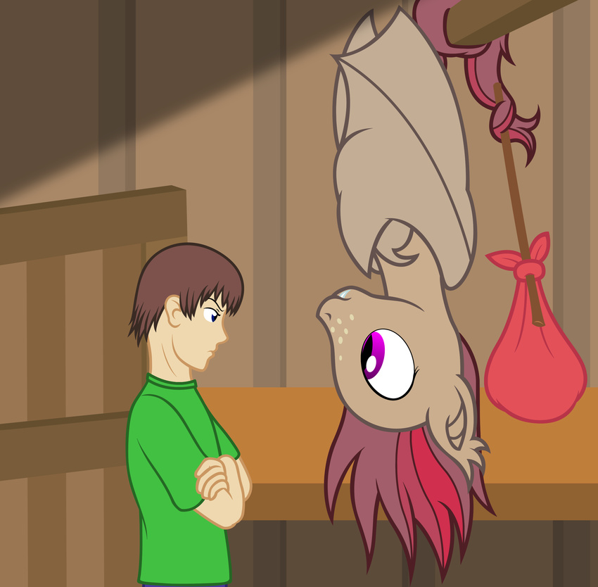 2015 anon badumsquish bat_pony blue_eyes brown_hair clothing duo fan_character fangs freckles hair human inside male mammal my_little_pony purple_eyes red_hair sack shed slit_pupils stick story_in_description upside_down