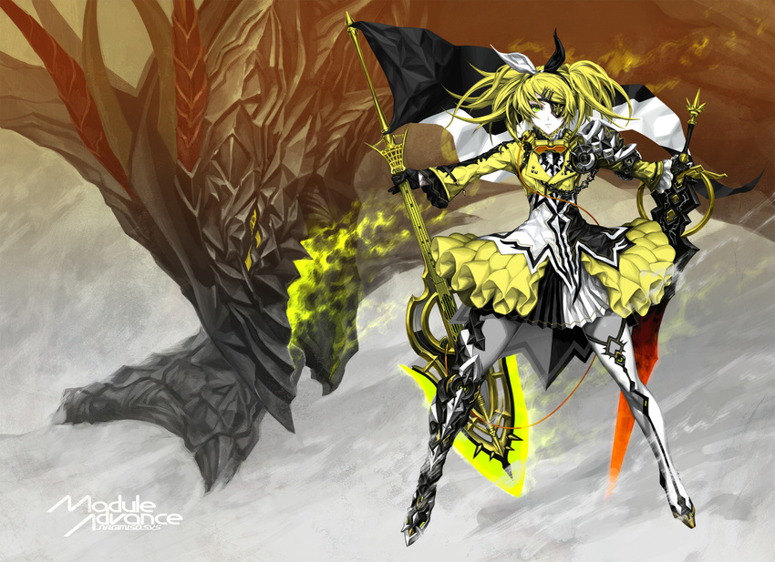 aqua_eyes armor black_gloves blonde_hair boots commentary_request dragon dress eyepatch flag gloves guitar hair_ornament hair_ribbon hairclip highres instrument kagamine_rin long_hair long_sleeves nagimiso outstretched_arms ribbon solo spread_arms sword thigh_boots thighhighs twintails vocaloid weapon white_legwear yellow_dress zettai_ryouiki