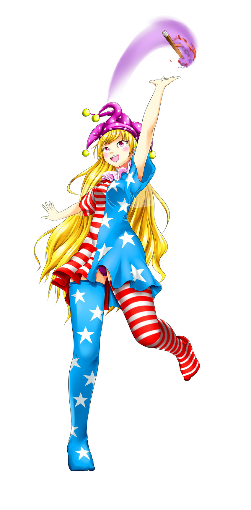 absurdres american_flag_dress american_flag_legwear breasts clownpiece dress fairy_wings fire full_body hat highres jester_cap leg_up long_hair medium_breasts no_shoes open_mouth panties pantyshot pantyshot_(standing) pink_eyes purple_eyes purple_panties round_teeth short_dress short_sleeves simple_background smile solo space standing standing_on_one_leg striped striped_dress teeth thighhighs thighs tongue torch touhou underwear very_long_hair white_background wings yomitrooper