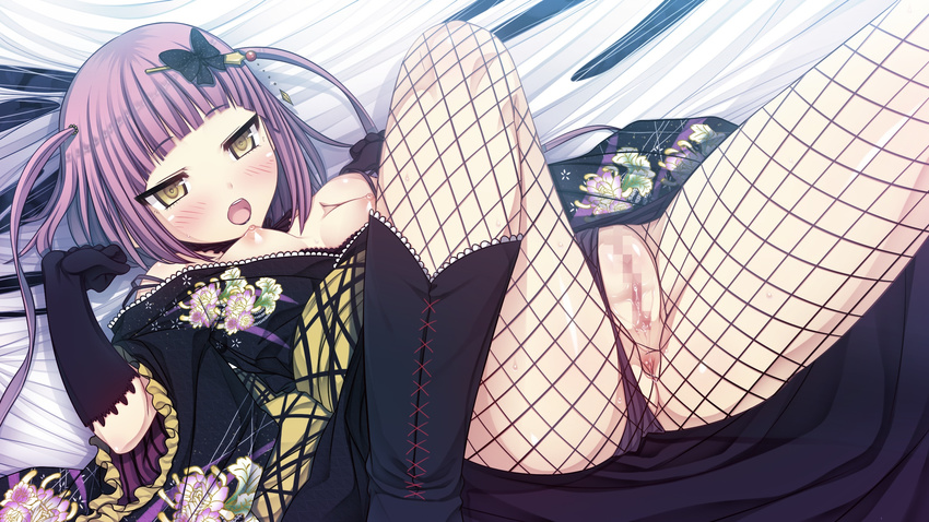 anus areolae bangs blunt_bangs blush boots breasts butterfly_hair_ornament censored cura fishnet_pantyhose fishnets game_cg gloves hair_ornament hairpin highres japanese_clothes long_hair looking_at_viewer monobeno mosaic_censoring nipples open_mouth pantyhose purple_hair pussy pussy_juice small_breasts solo takijorou torn_clothes torn_legwear yellow_eyes younger