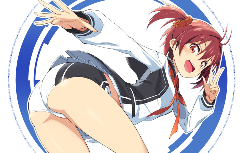 :d antenna_hair ass bent_over blush highres isshiki_akane looking_at_viewer michairu national_shin_ooshima_school_uniform open_mouth outstretched_arm red_eyes red_hair school_uniform scrunchie short_hair short_shorts shorts simple_background smile solo twintails v vividred_operation