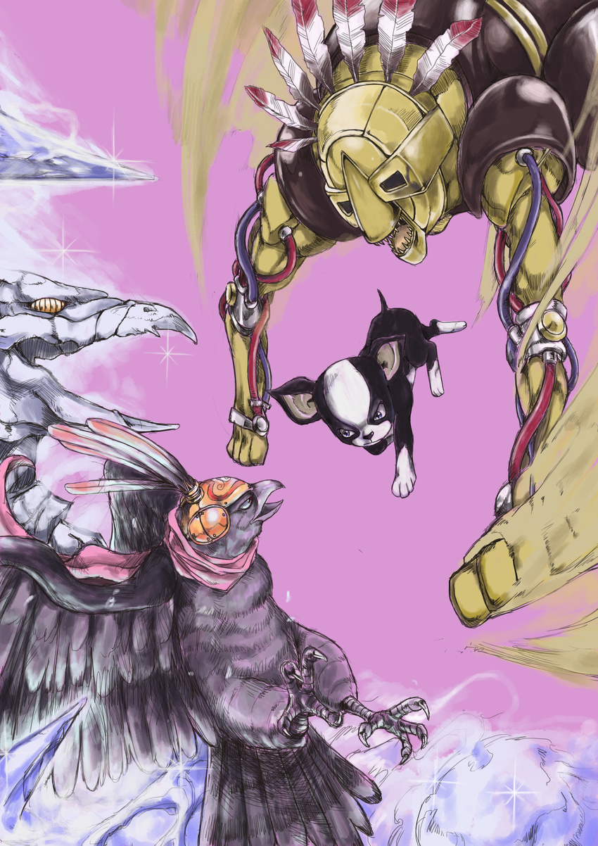 bird dog falcon feathers helmet highres horus_(stand) ice iggy_(jojo) jojo_no_kimyou_na_bouken no_humans pet_shop sand sparkle stand_(jojo) the_fool yasu_(shijimi_8)