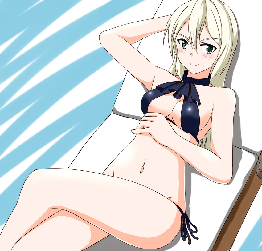absurdres bikini black_bikini blonde_hair blush breasts cleavage crossed_legs green_eyes groin heinrike_prinzessin_zu_sayn-wittgenstein highres hiroshi_(hunter-of-kct) large_breasts navel noble_witches smile solo swimsuit world_witches_series